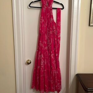 Lulu’s Float to You Hot Pink Floral Print Halter-Neck Tiered Midi Dress Size XS
